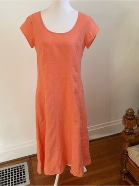 J. Jill Coral-Orange Scoop Neck Cap Sleeve Linen Midi Dress